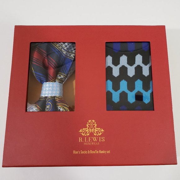 Robert Lewis Blue Bow Tie Hanky Socks Box 3 Set - Picture 6 of 7